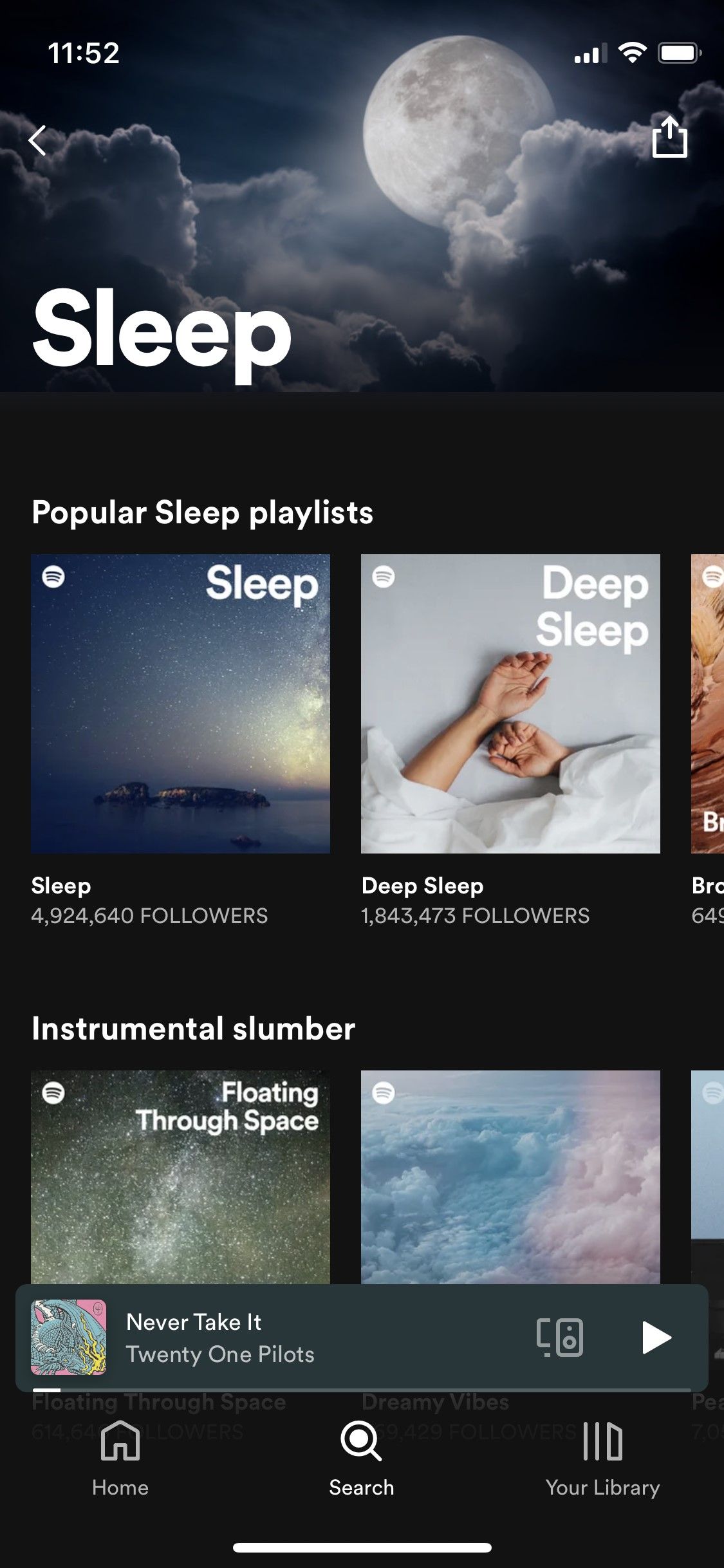 Spotify app screenshot of Sleep playlists