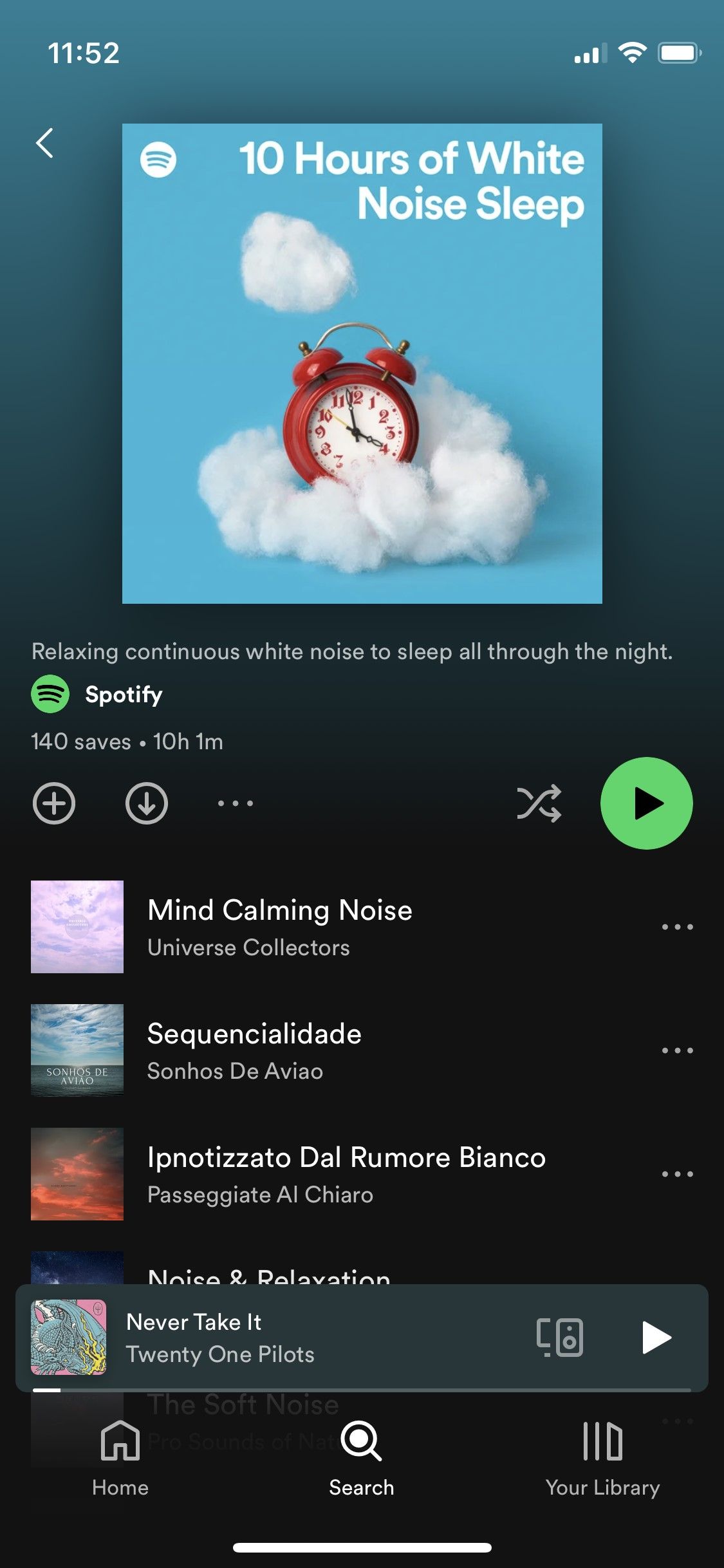 Spotify app screenshot of White Noise sleep playlist
