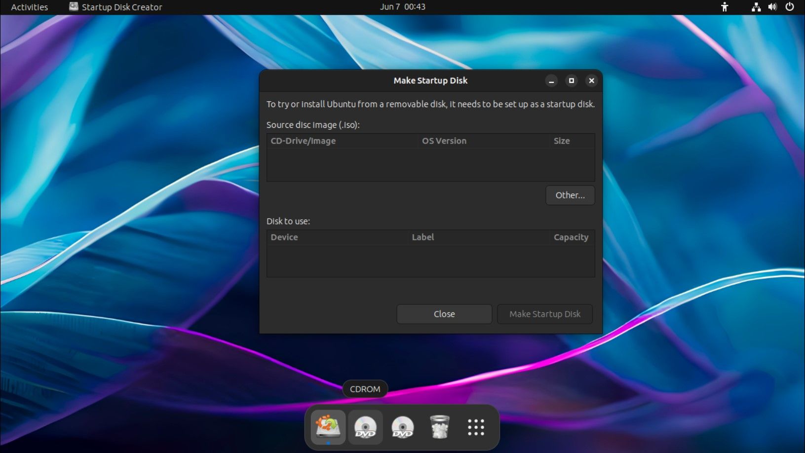 Startup Disk Graphical Tool on Ubuntu's desktop screen