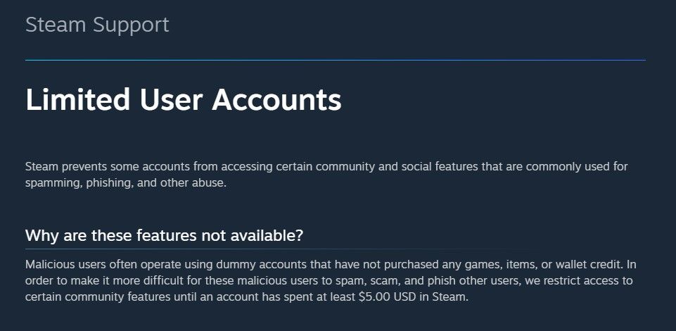 Trang thông tin tài khoản giới hạn Steam