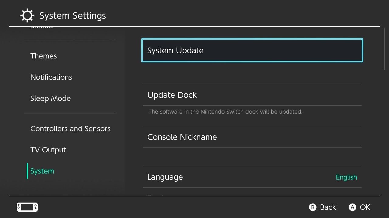 Uma captura de tela das configurações do sistema para Nintendo Switch com atualização do sistema destacada 