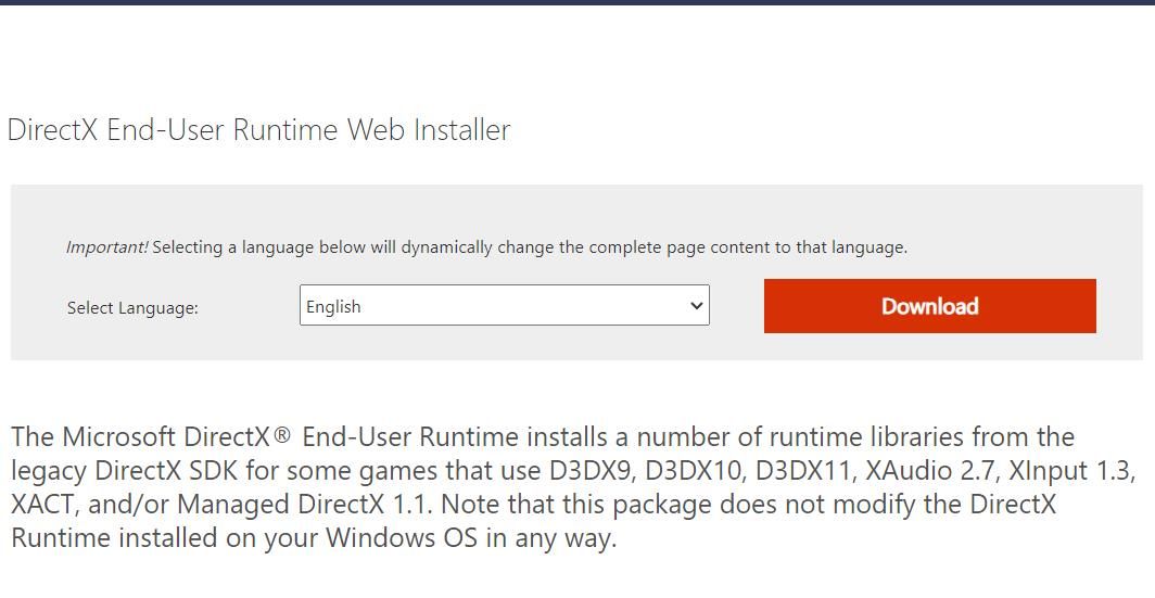Tùy chọn Tải xuống cho Microsoft DirectX End-User Runtime