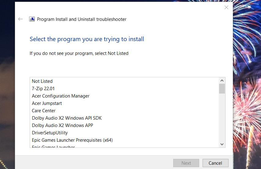 The Program Install and Uninstall troubleshooter window 
