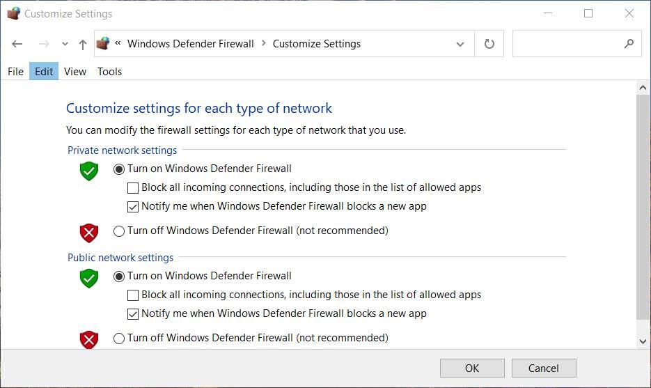 گزینه Turn off Windows Defender Firewall