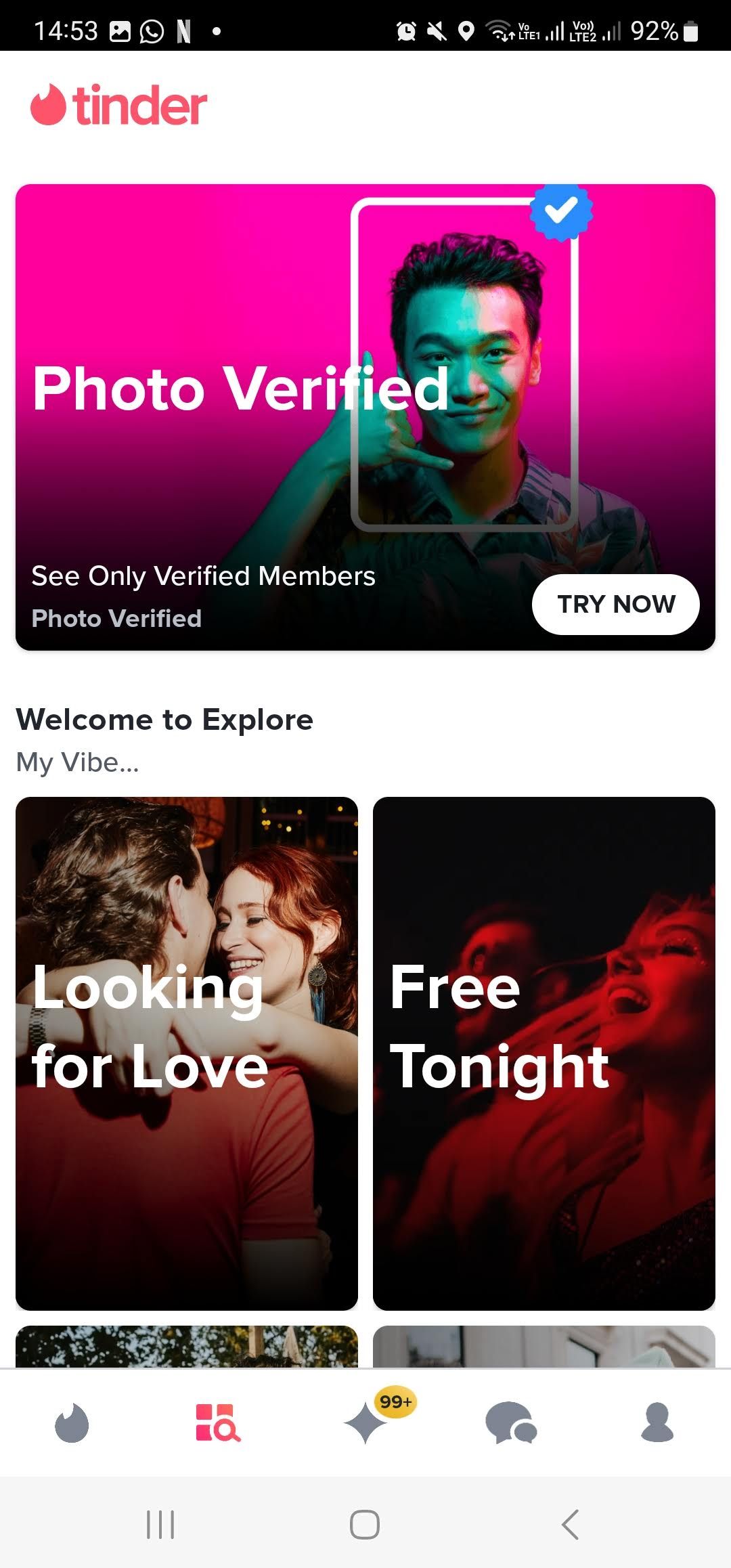 tinder explore page with photo verified filter