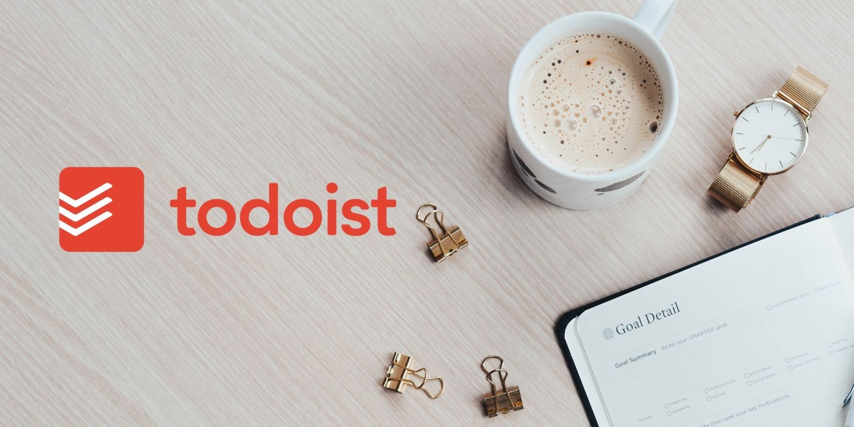 Todoist logo with cup of coffee and planner open
