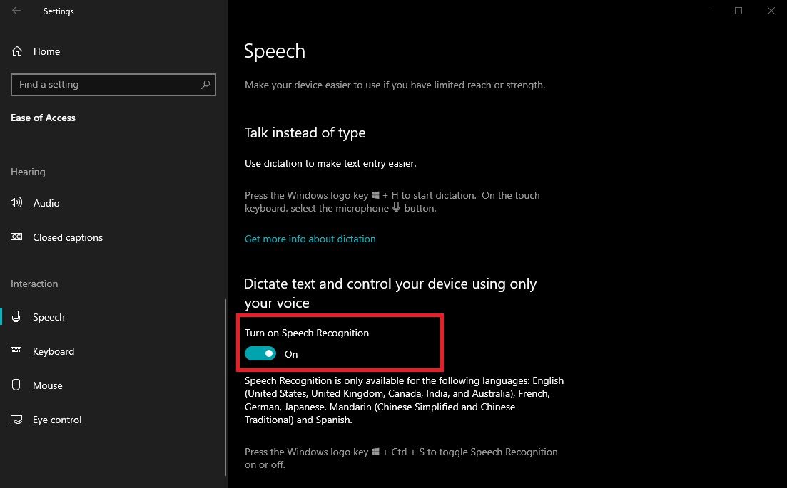Turn on Speech Recognition toggle button