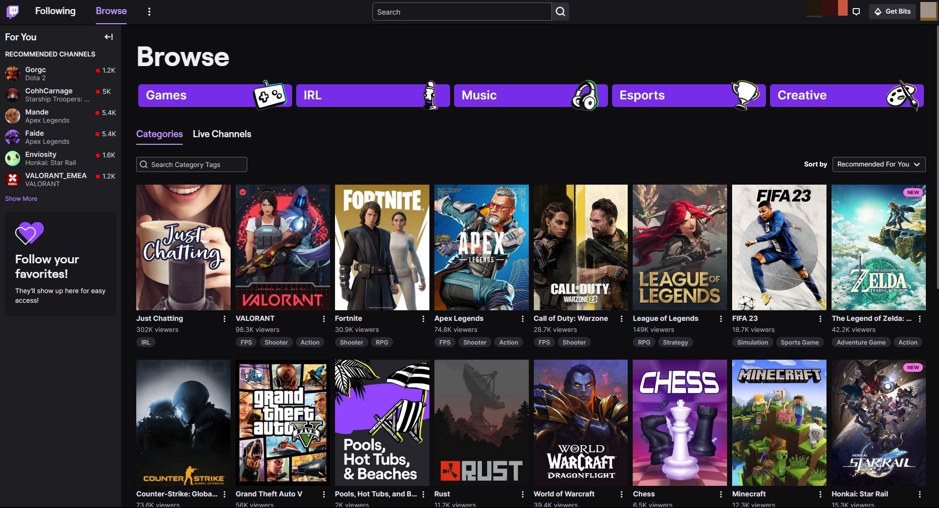 The Browse Page on Twitch