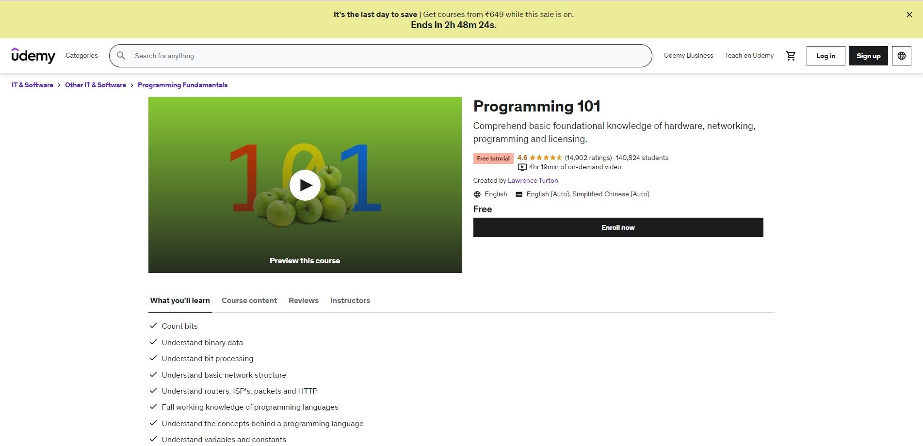 Programming 101 course details on website