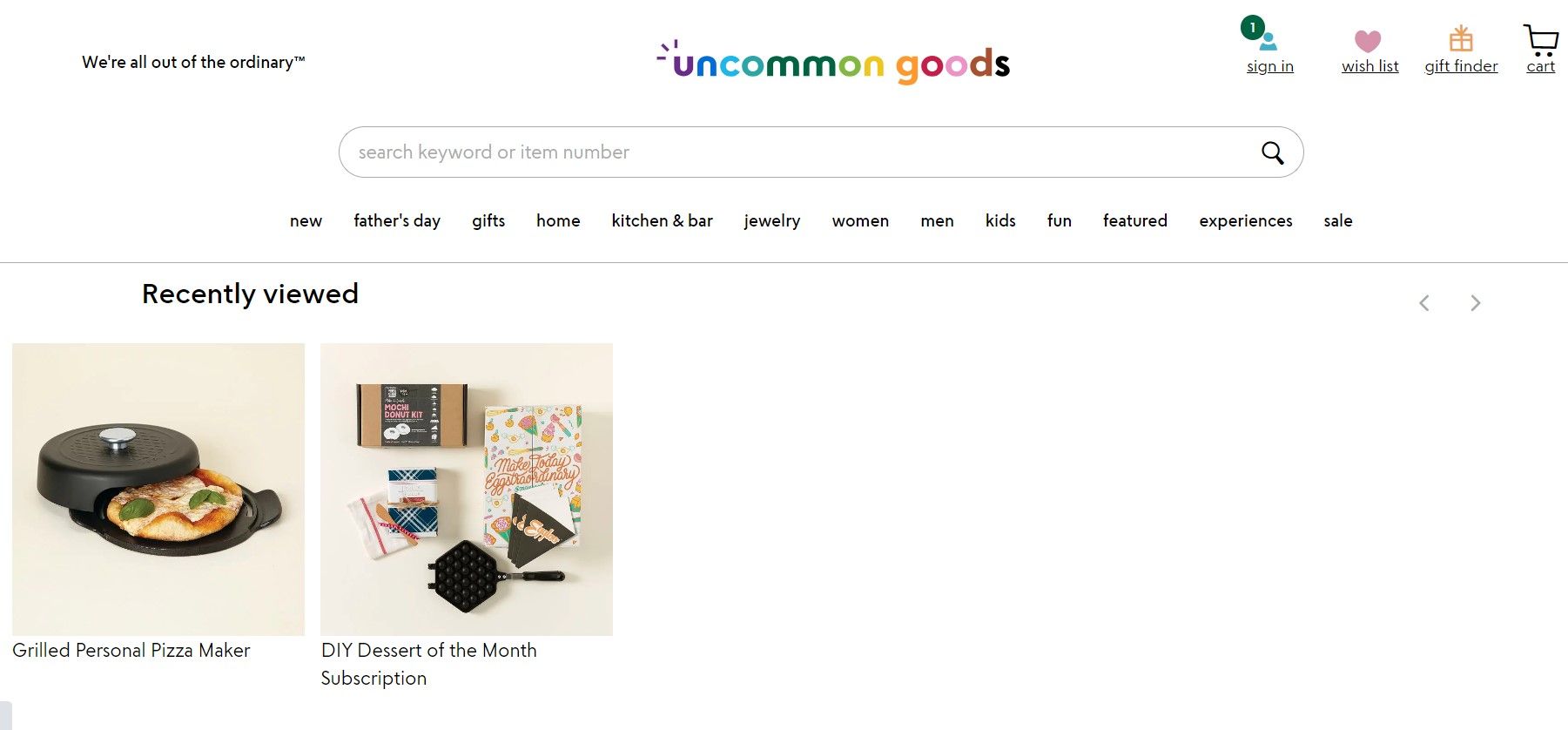 Screenshot of Uncommon Goods Homepage