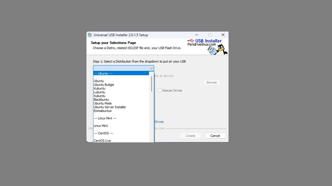 Universal USB Installer dialog box on a grey background