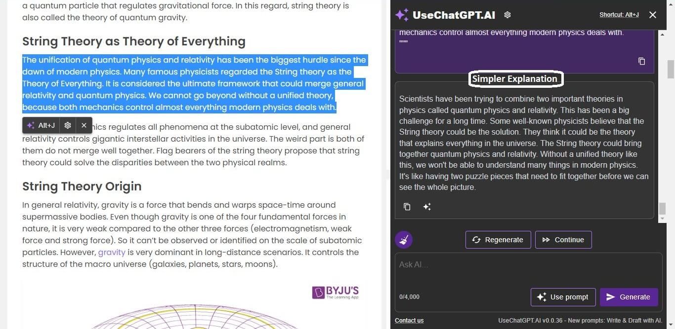 Screenshot of UseChatGPT Explaining text