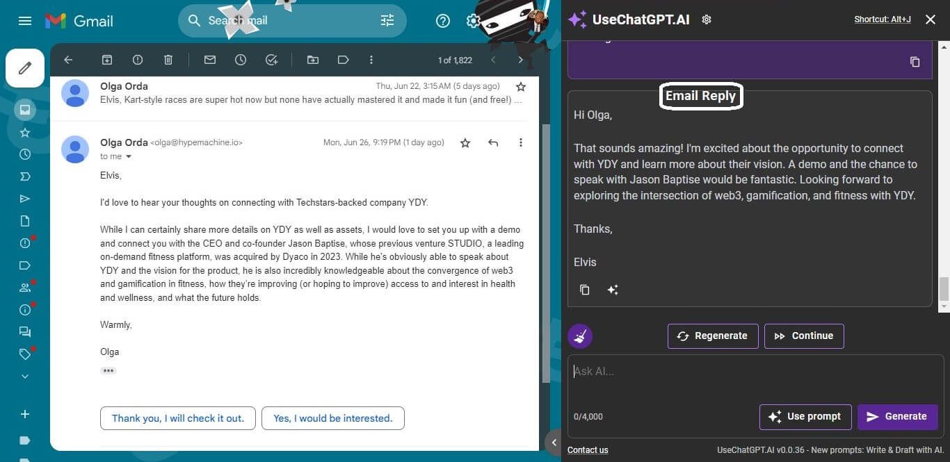 Screenshot of UseChatGPT Replying to an Email