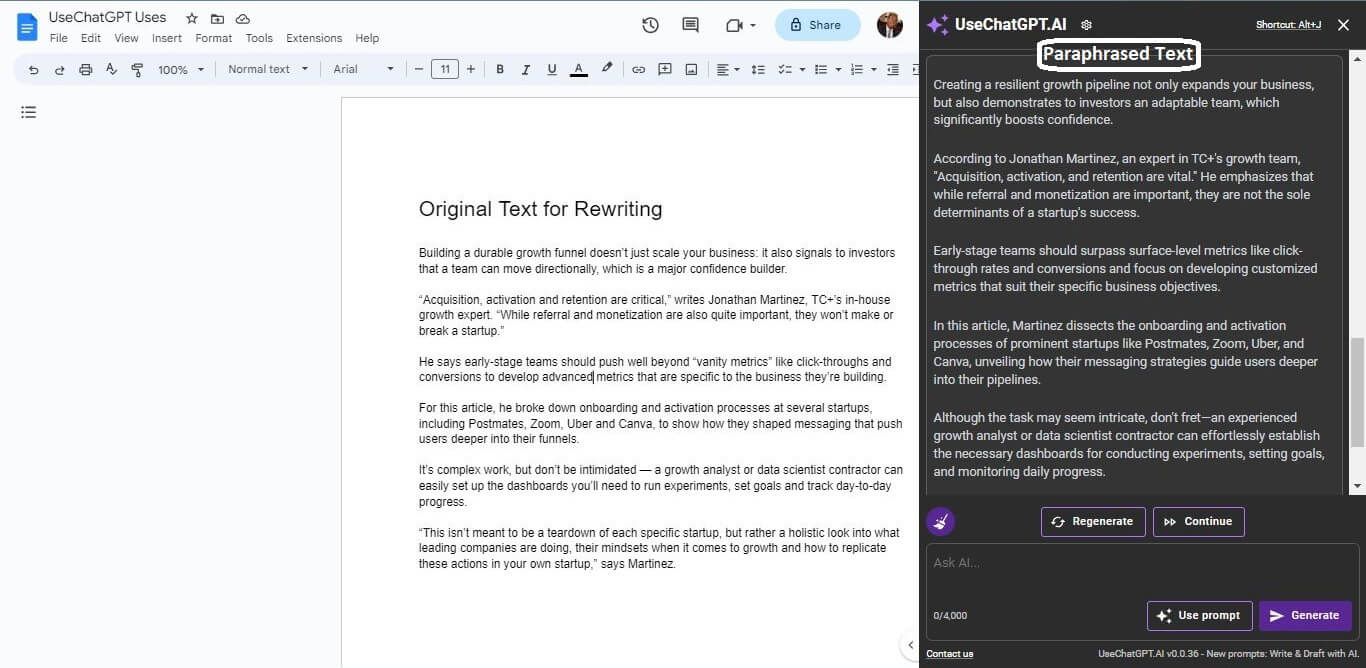 Screenshot UseChatGPT Rewriting text