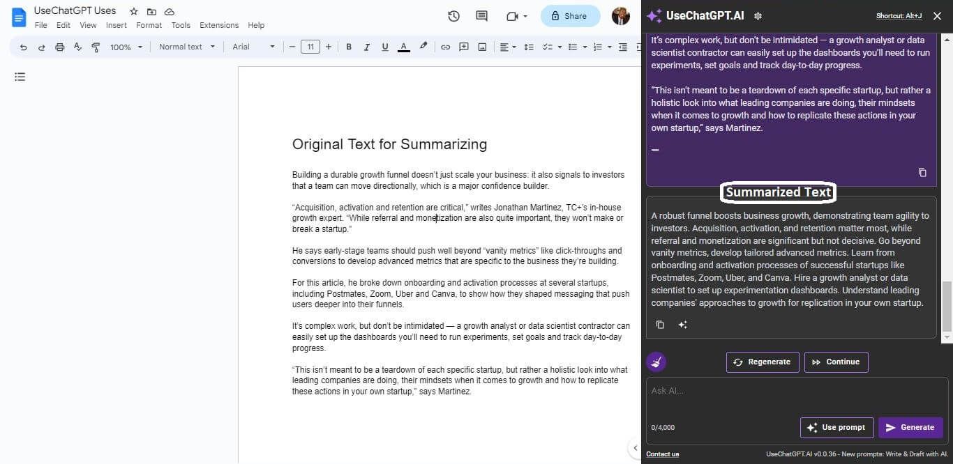 Screenshot of UseChatGPT Summarizing text