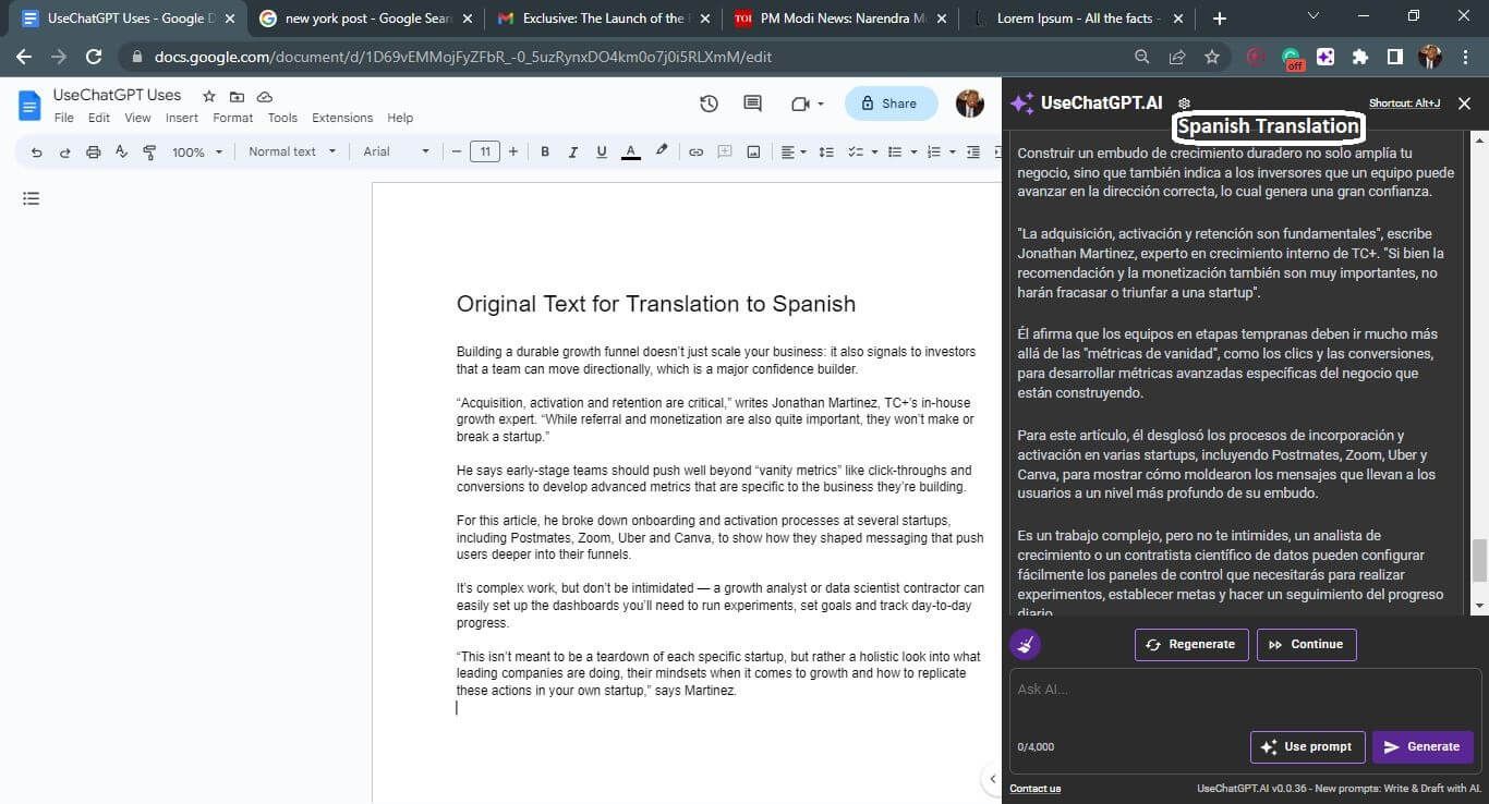 Screenshot of UseChatGPT Translating text