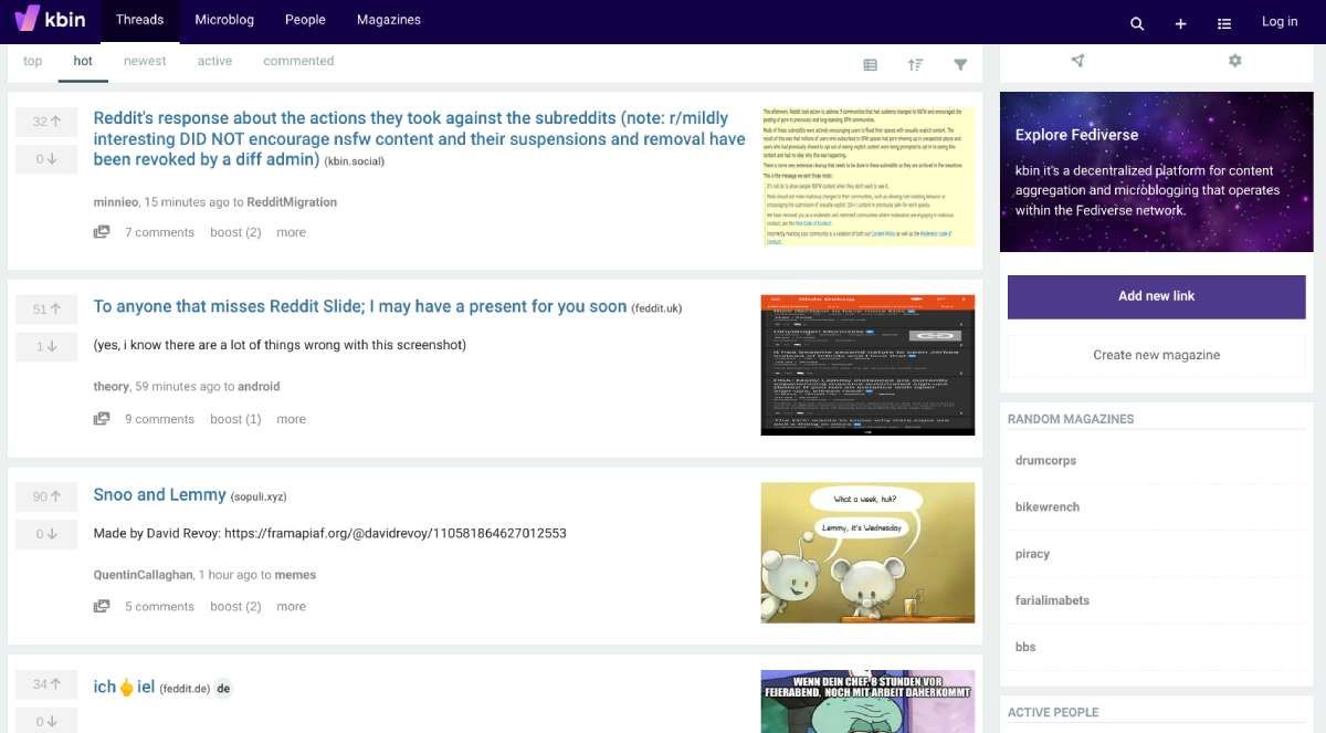 Kbin یک جایگزین Reddit را در یک شبکه فدرال اجرا می کند، و همچنین در یک جایگزین توییتر کار می کند