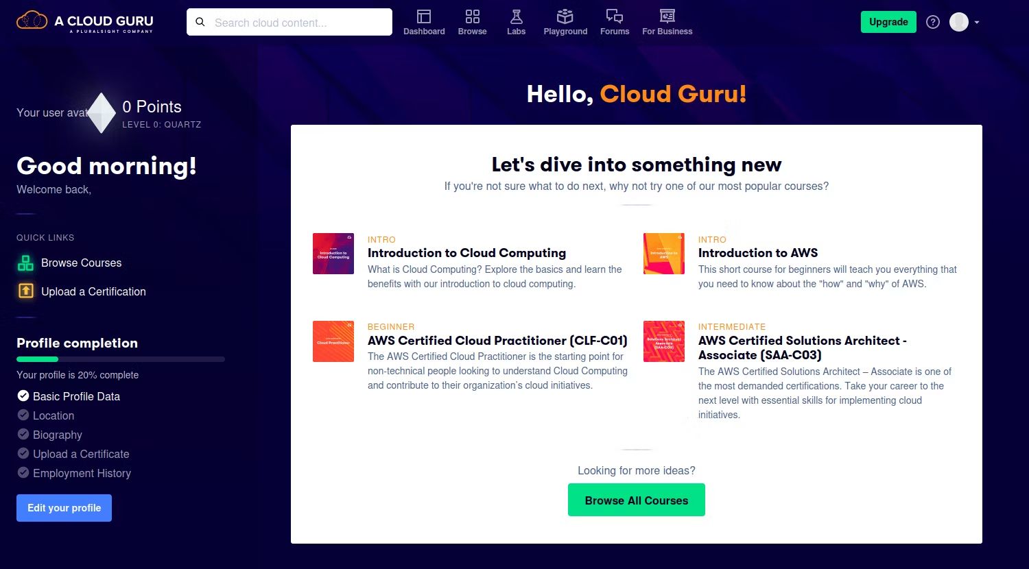 viewing the homepage of a cloud guru platform