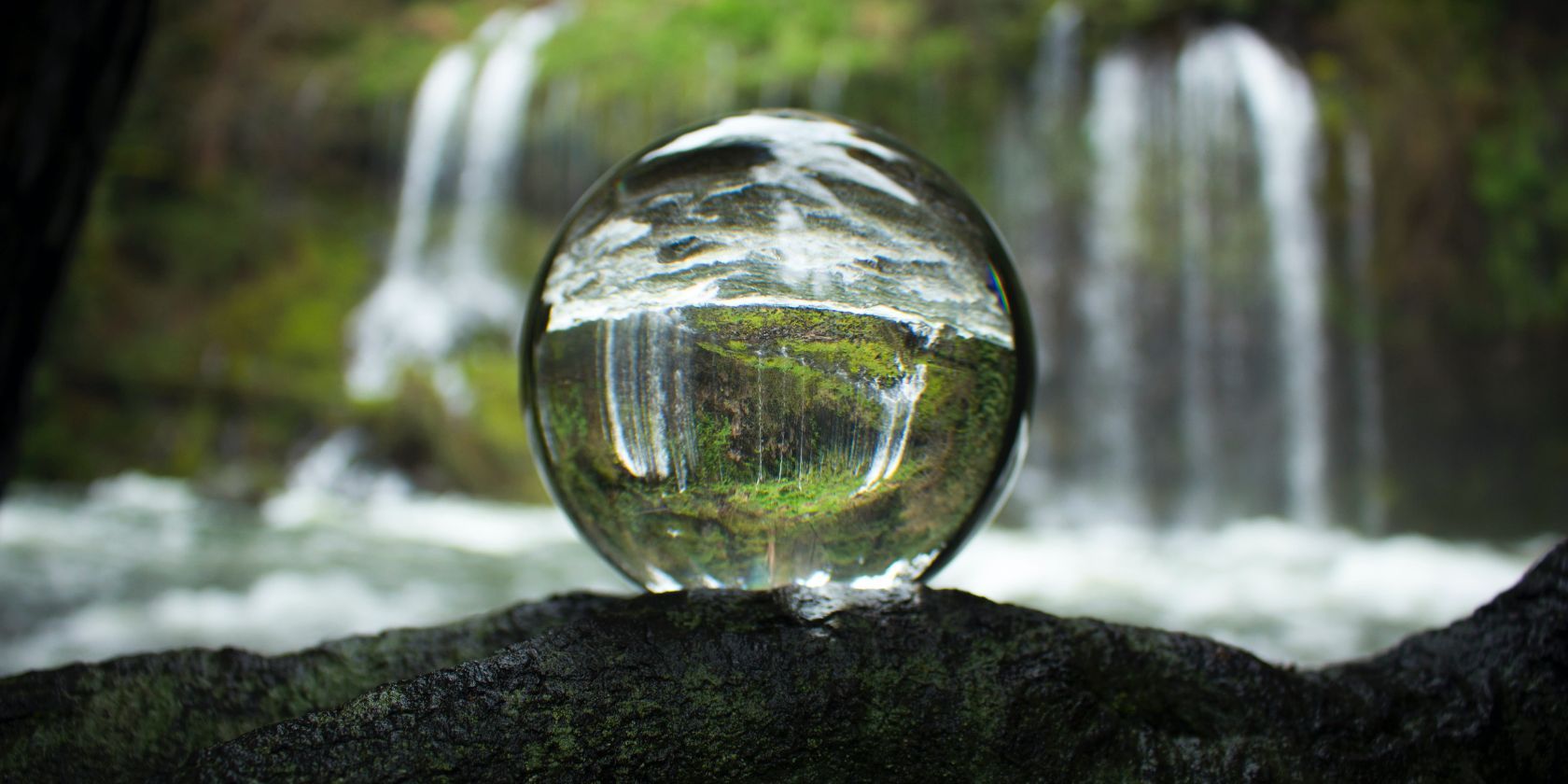 Crystal clear ball with waterfall in background