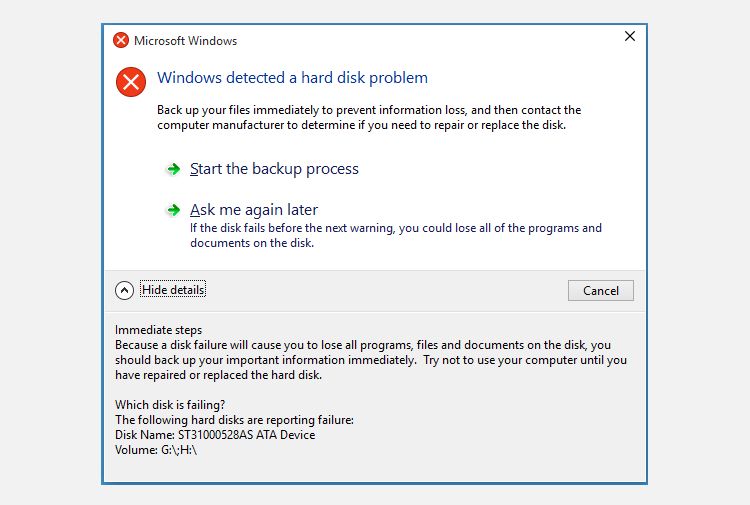 windows detect hard disk problem error message