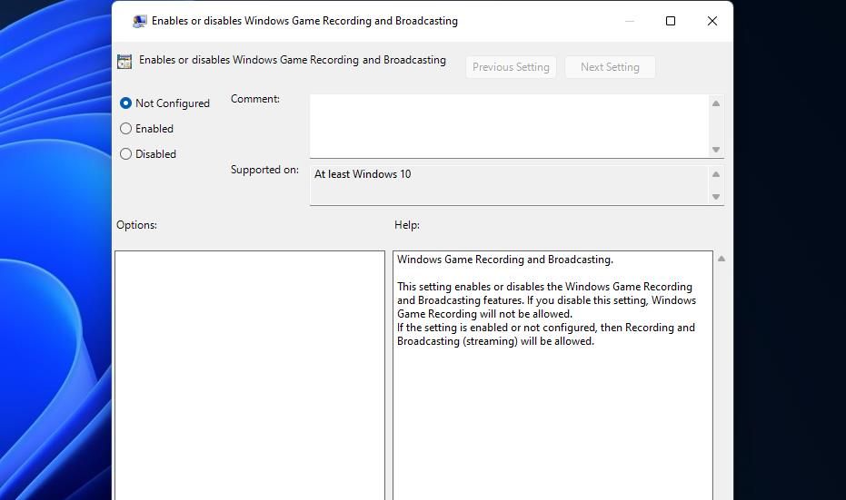 The Enables or disables Windows Game Recording and Broadcasting policy window
