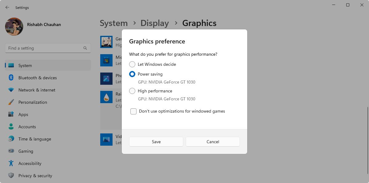 Windows Graphics Settings