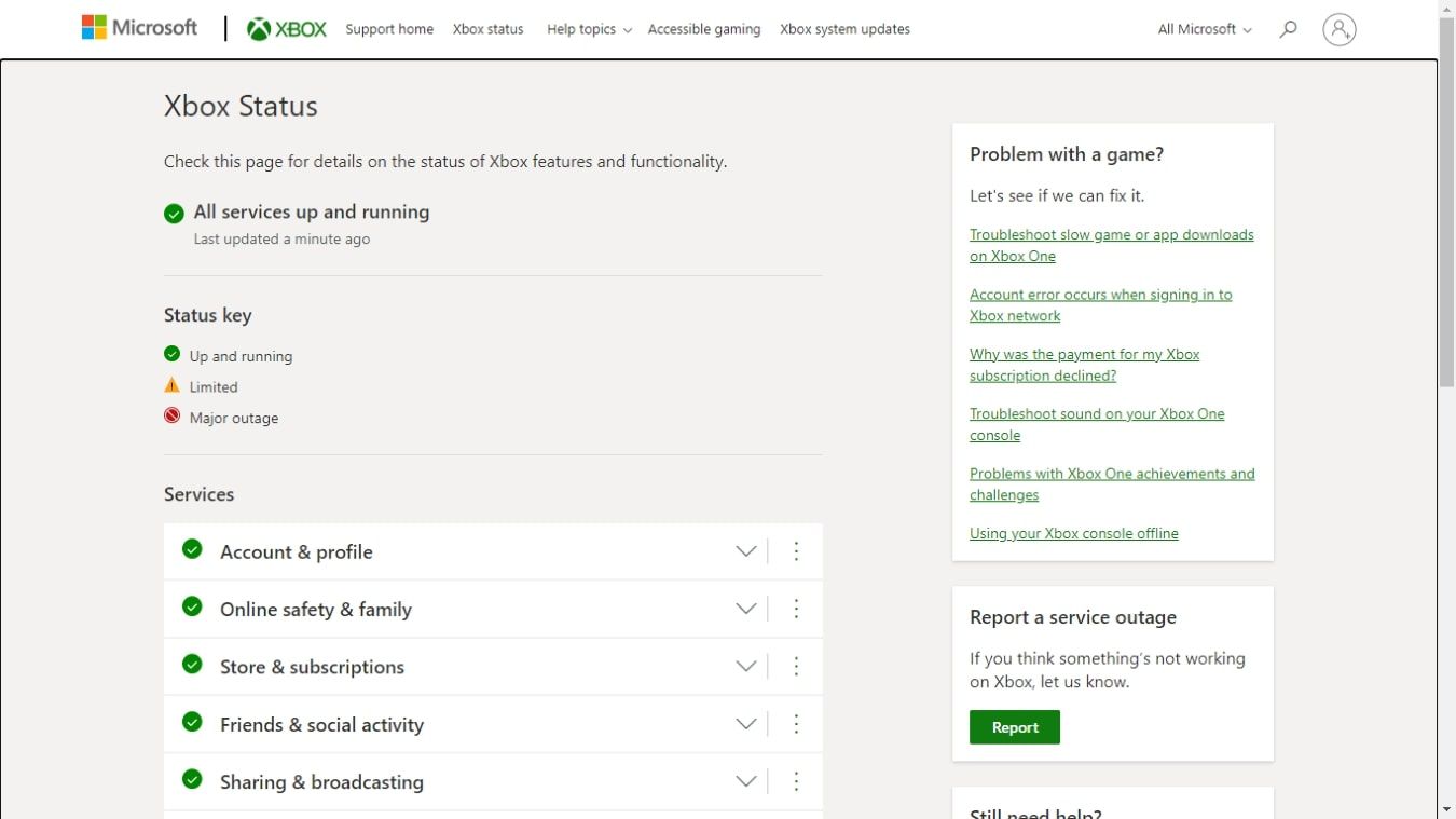 A screenshot of the Xbox Status page available through Xbox Support 