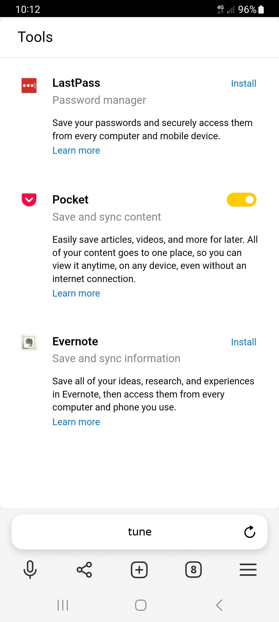 Screen displaying extensions installed on Yandex