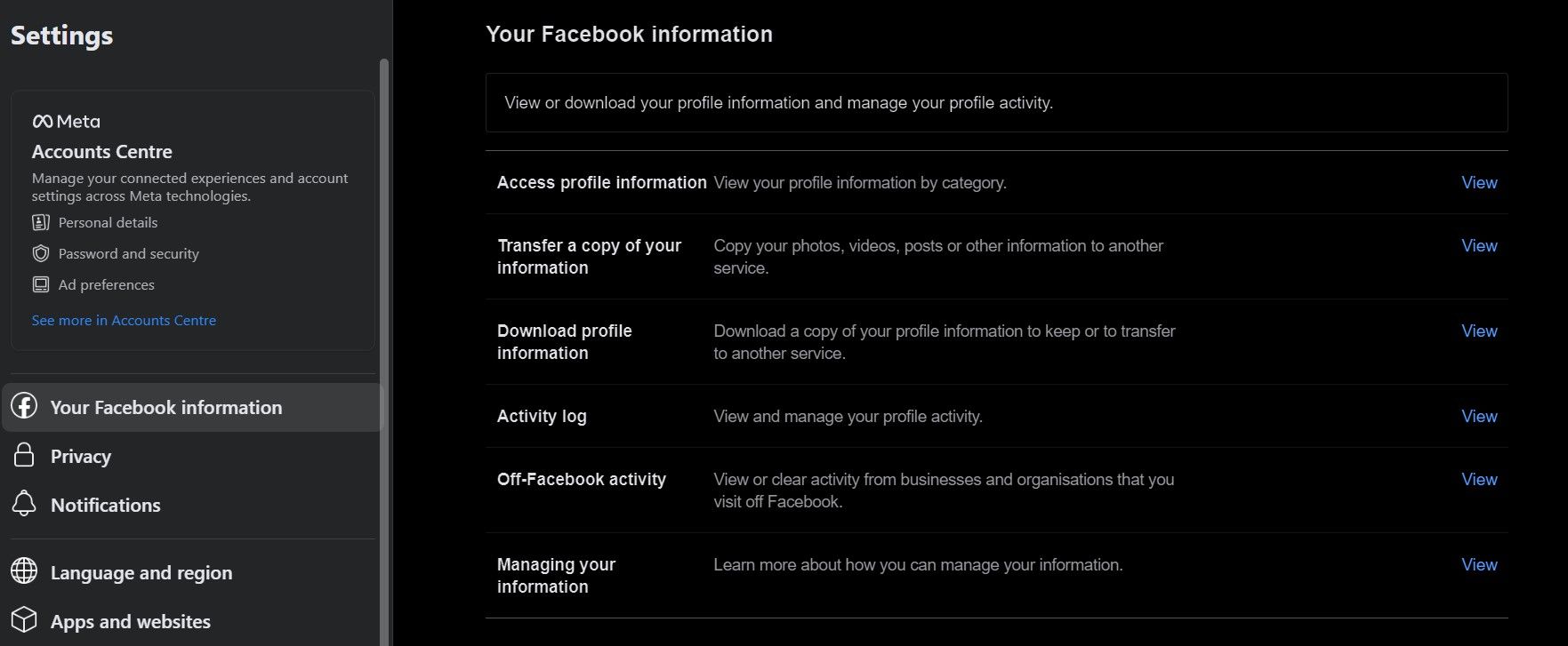 your facebook information page
