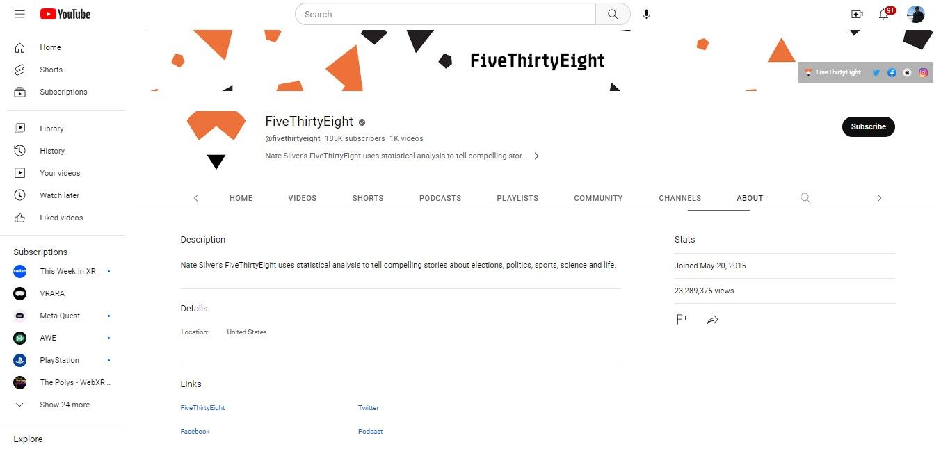 The About page for FiveThirtyEight's YouTube channel