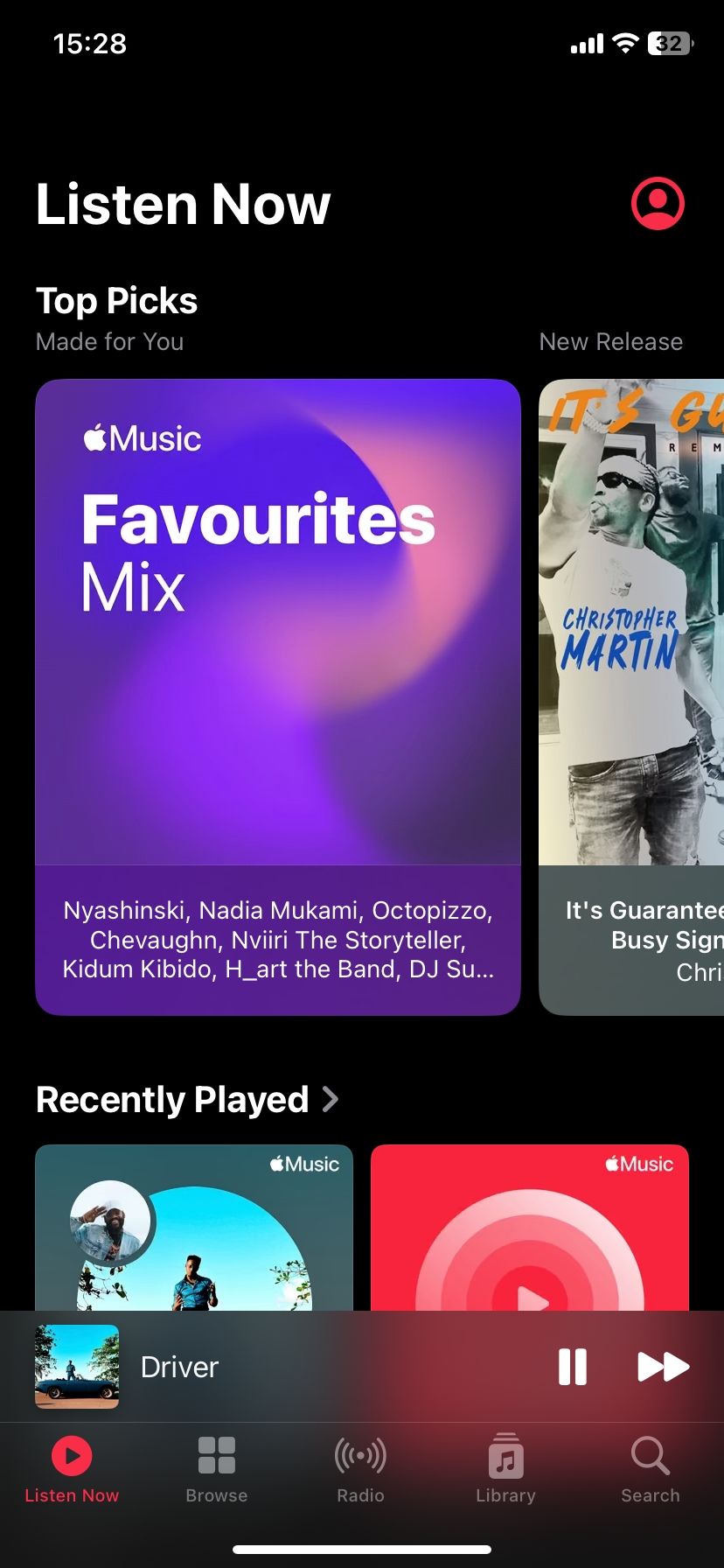 The home tab in Apple Music