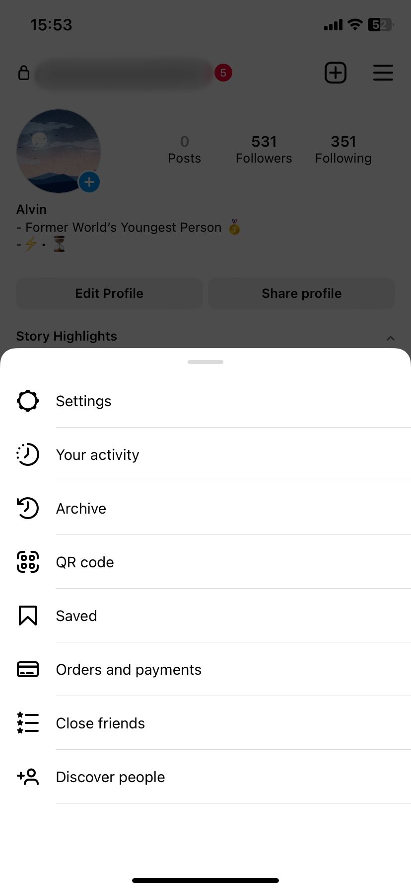 Instagram's mobile menu of options