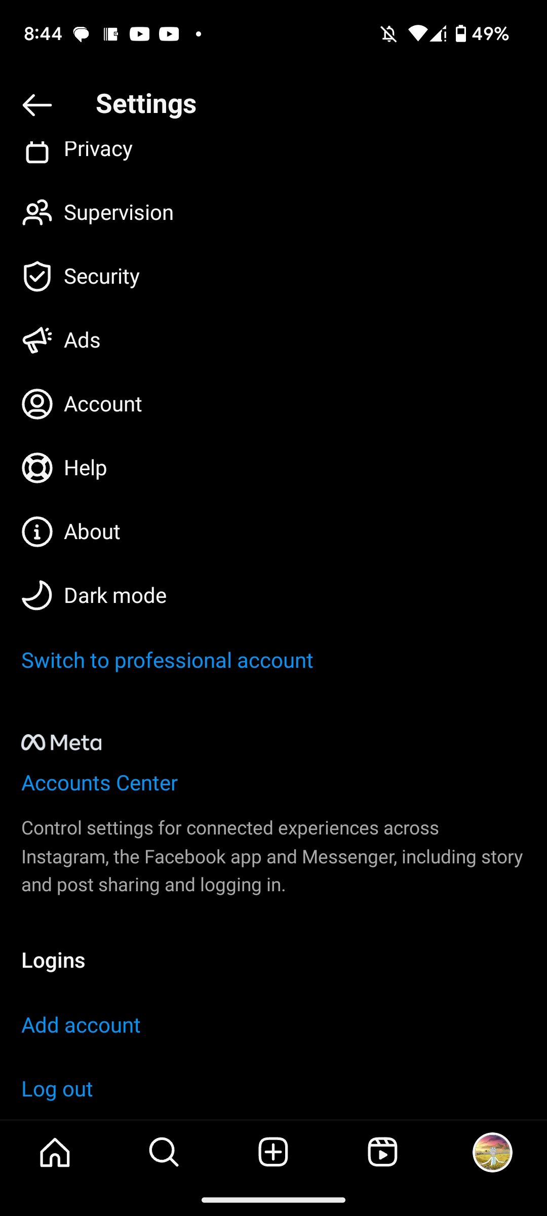 Instagram Settings page on Android