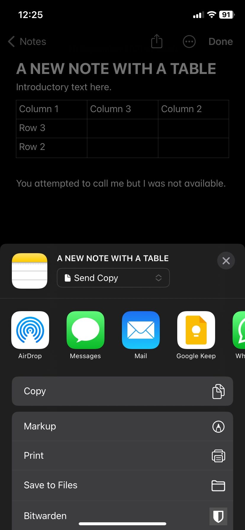 iPhone share menu in the Notes app