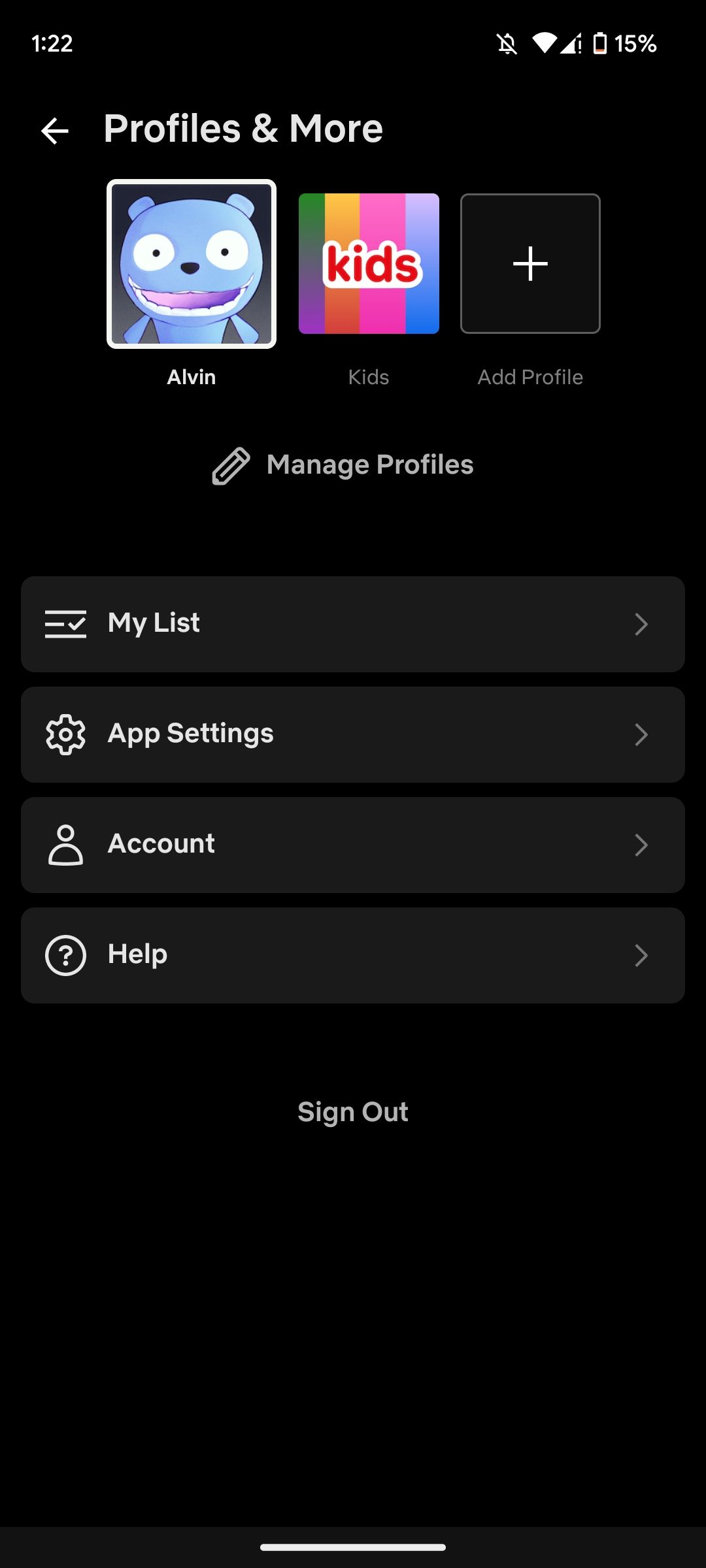 Netflix profile menu on mobile