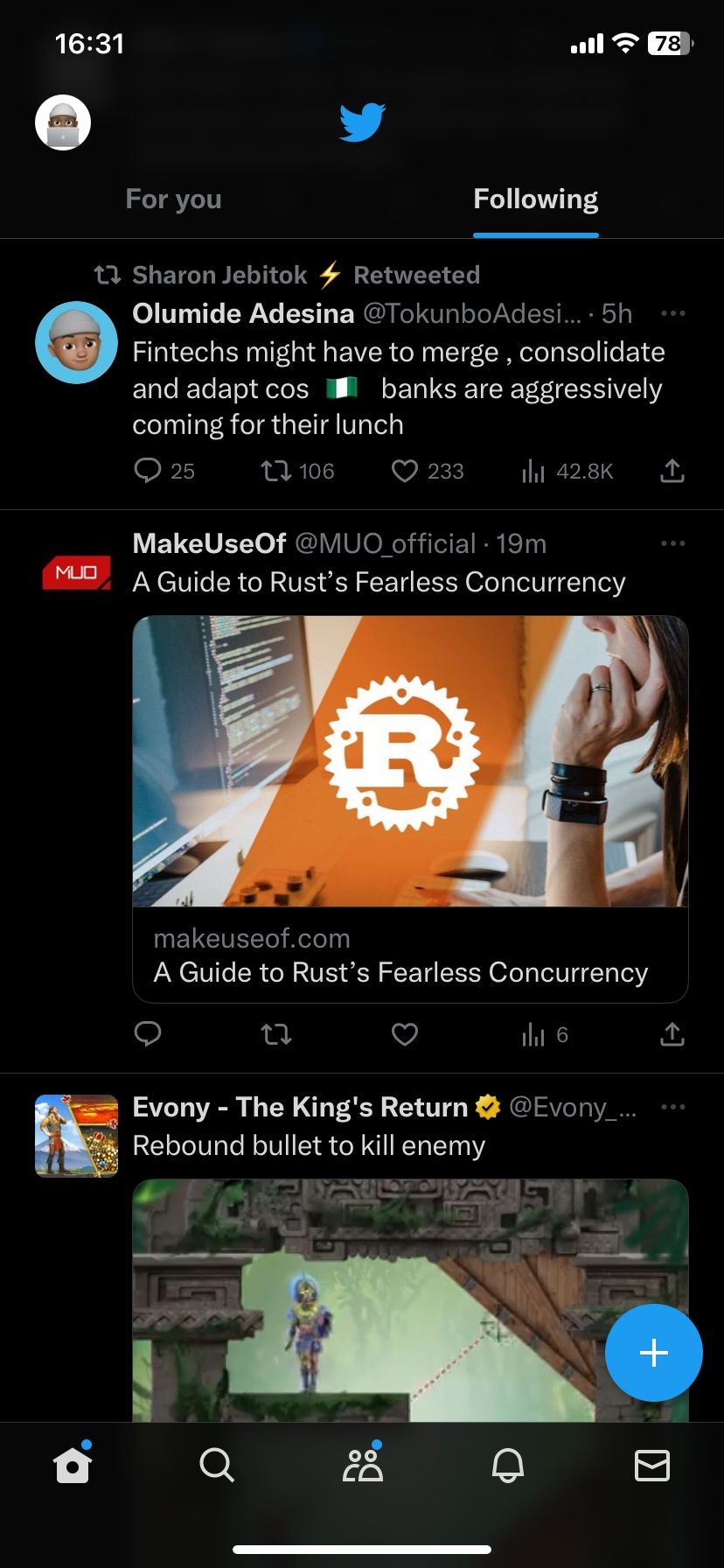 Twitter Following tab on mobile