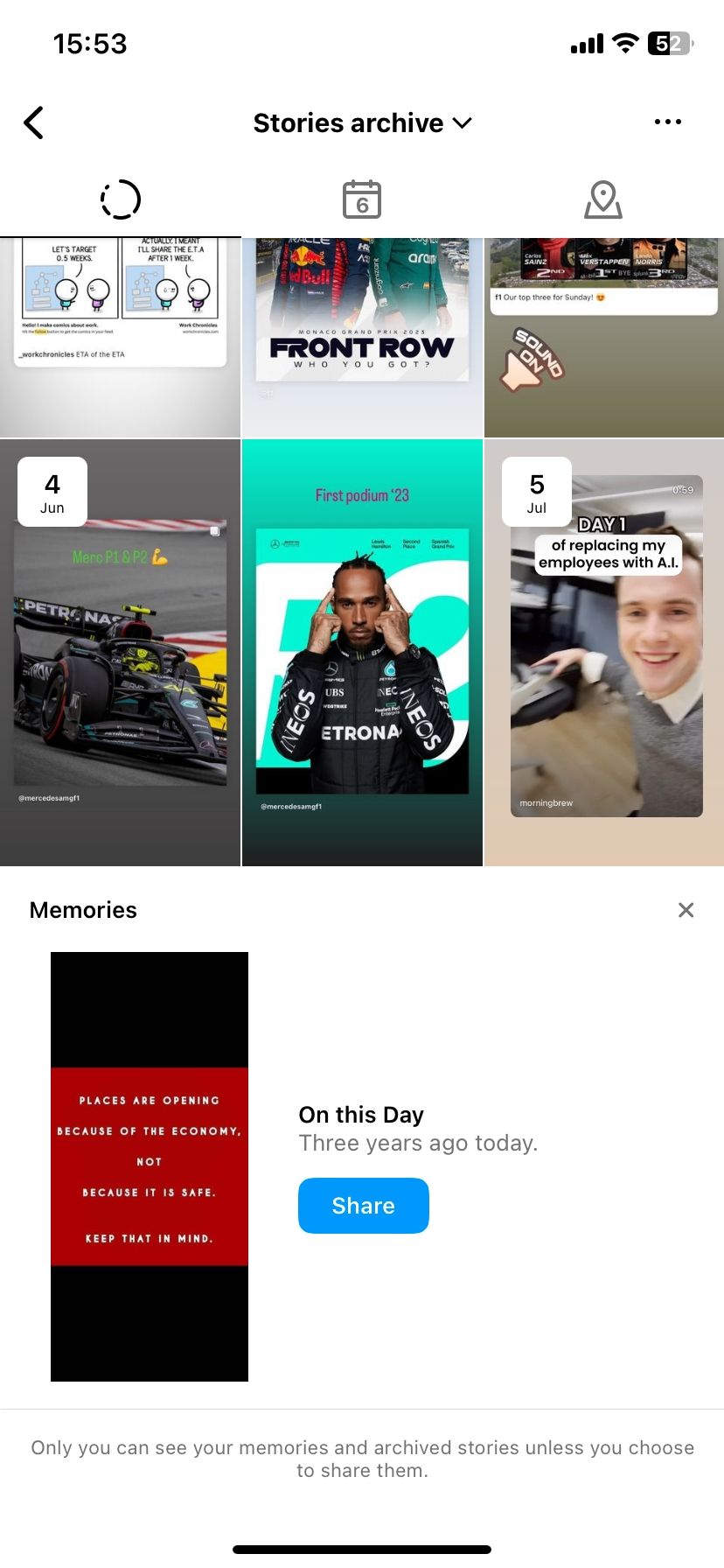 Viewing stories archive on Instagram's mobile app