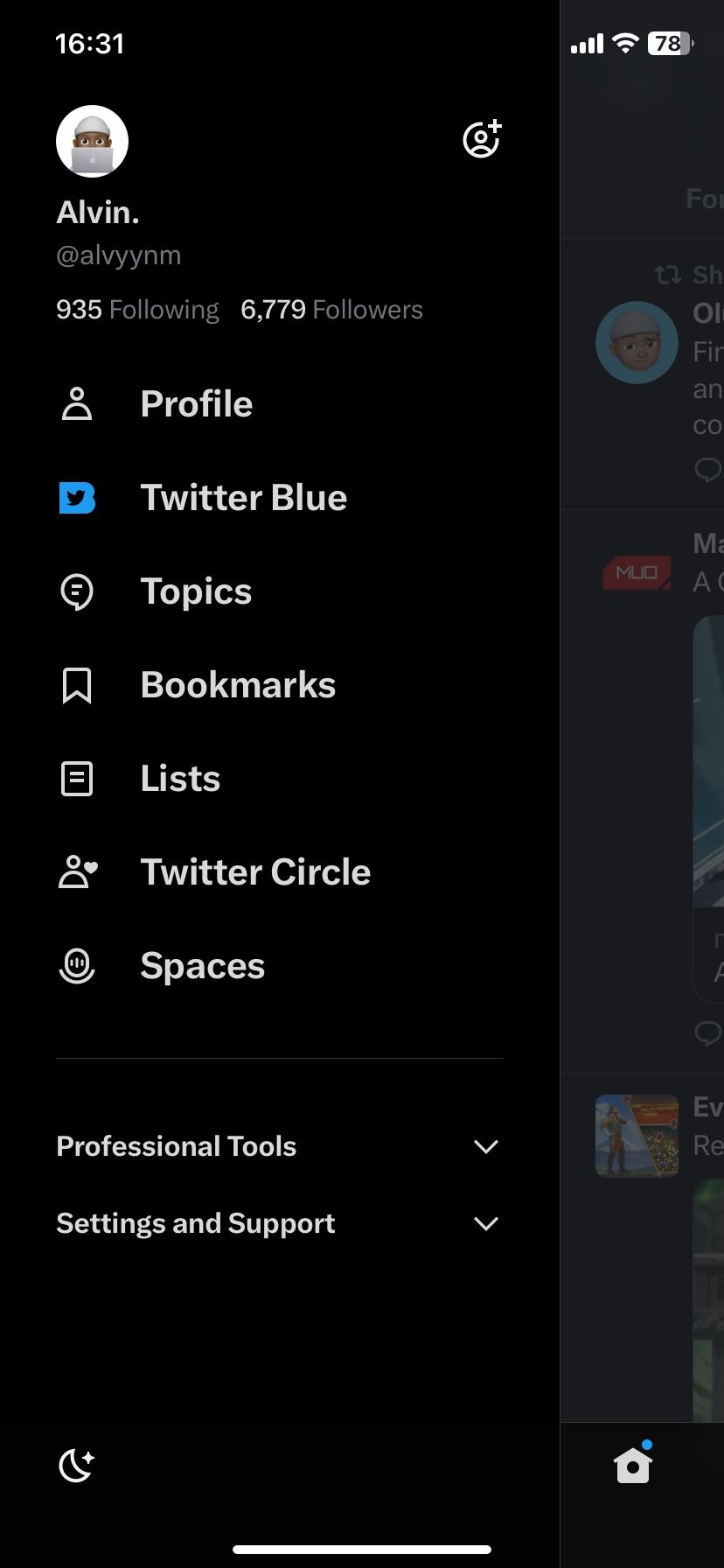 Twitter menu on mobile