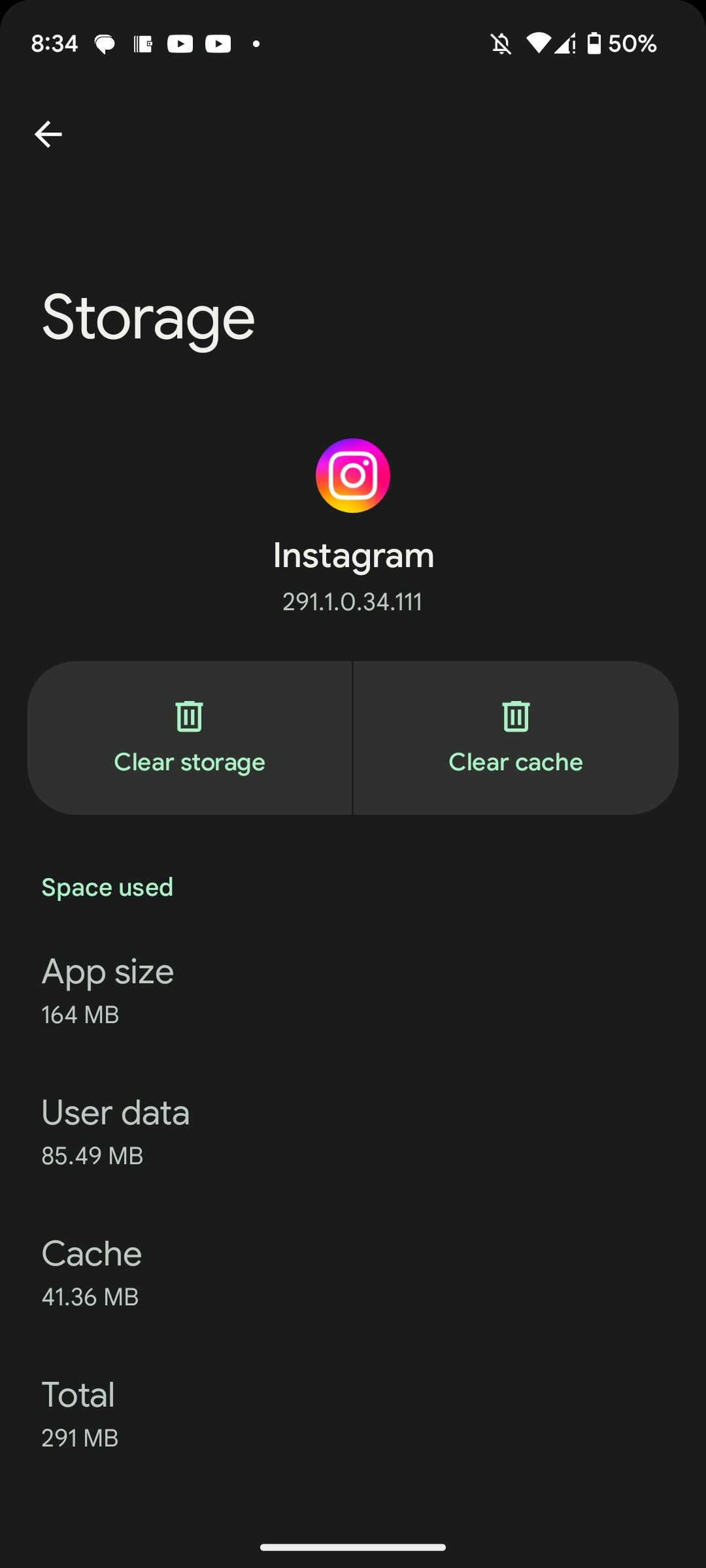 Instagram's Settings page in Android showing storage use