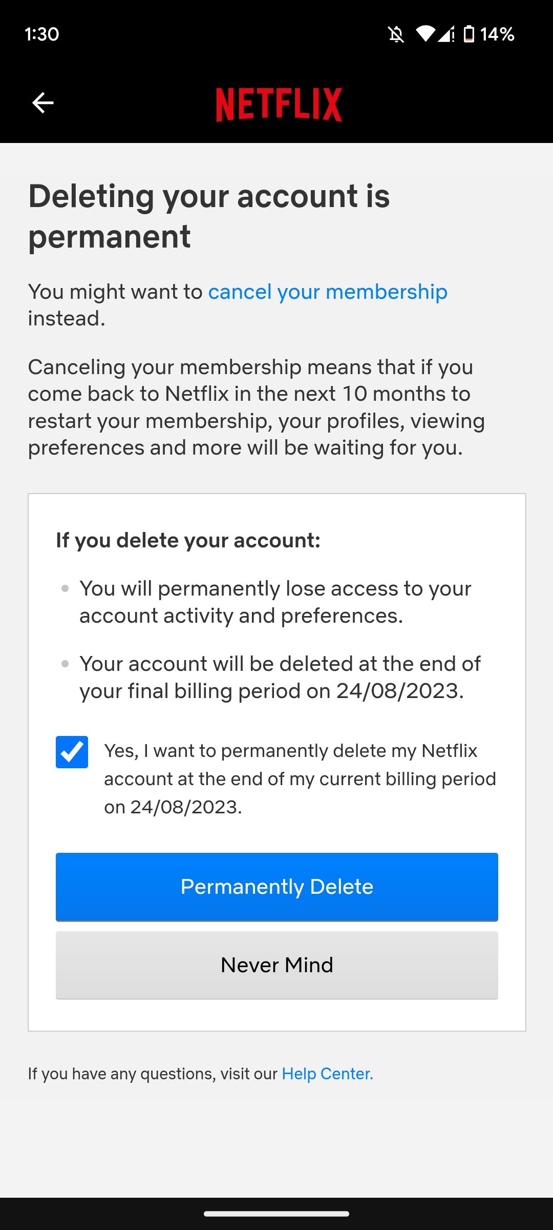 Confirming Netflix account deletion