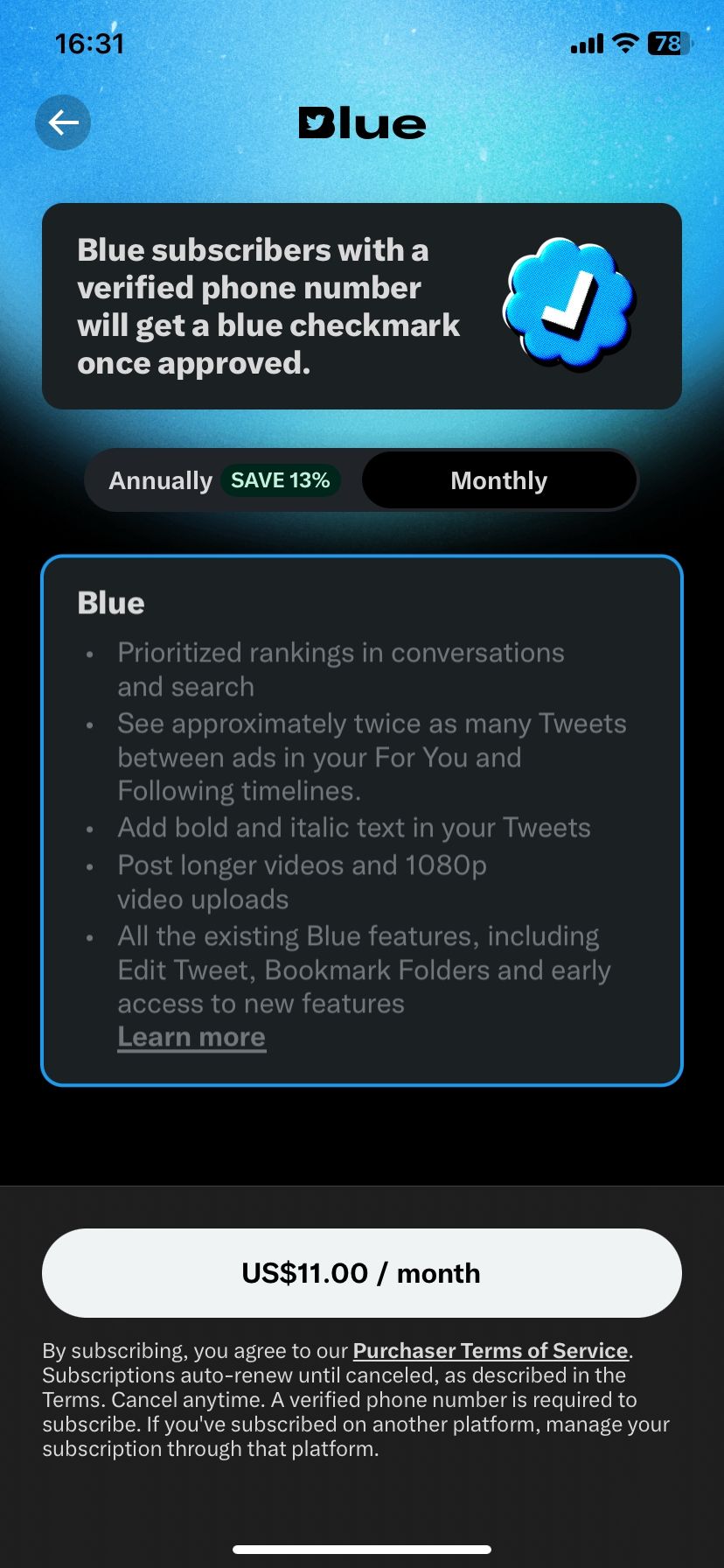 Twitter Blue subscription plans page