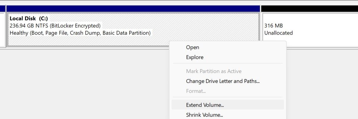 Nhấp chuột phải vào Ổ đĩa bạn muốn mở rộng và chọn Mở rộng âm lượng trong Công cụ quản lý đĩa Windows