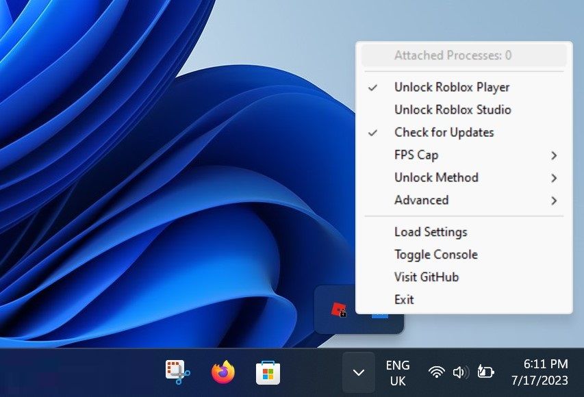 Clique com o botão direito no ícone do Roblox FPS Unlocker na bandeja do sistema do Windows