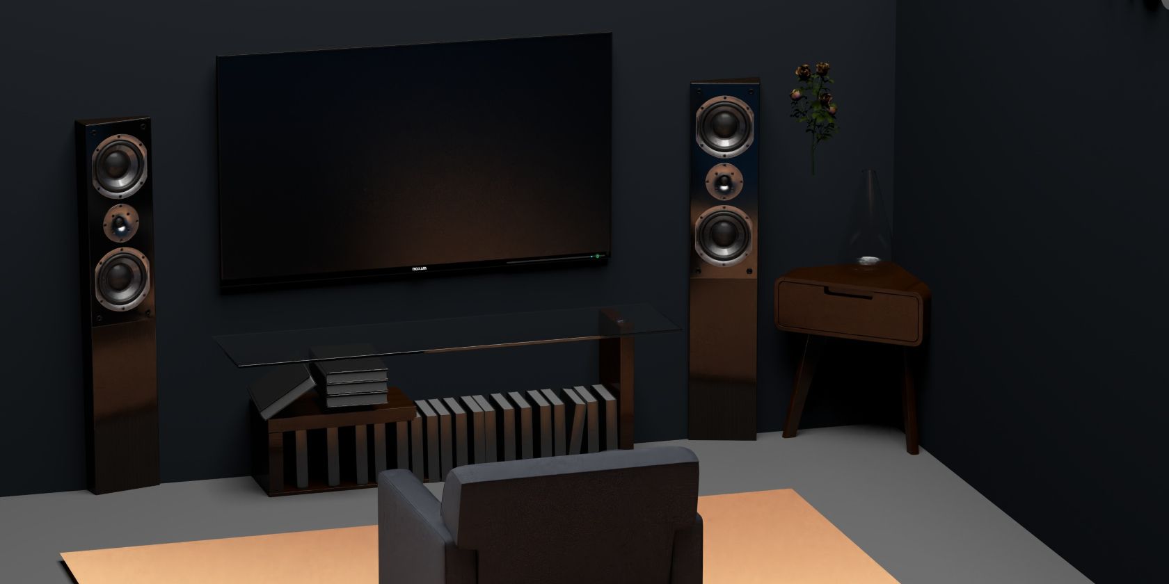 A Living room with a flat screen TV and speakers