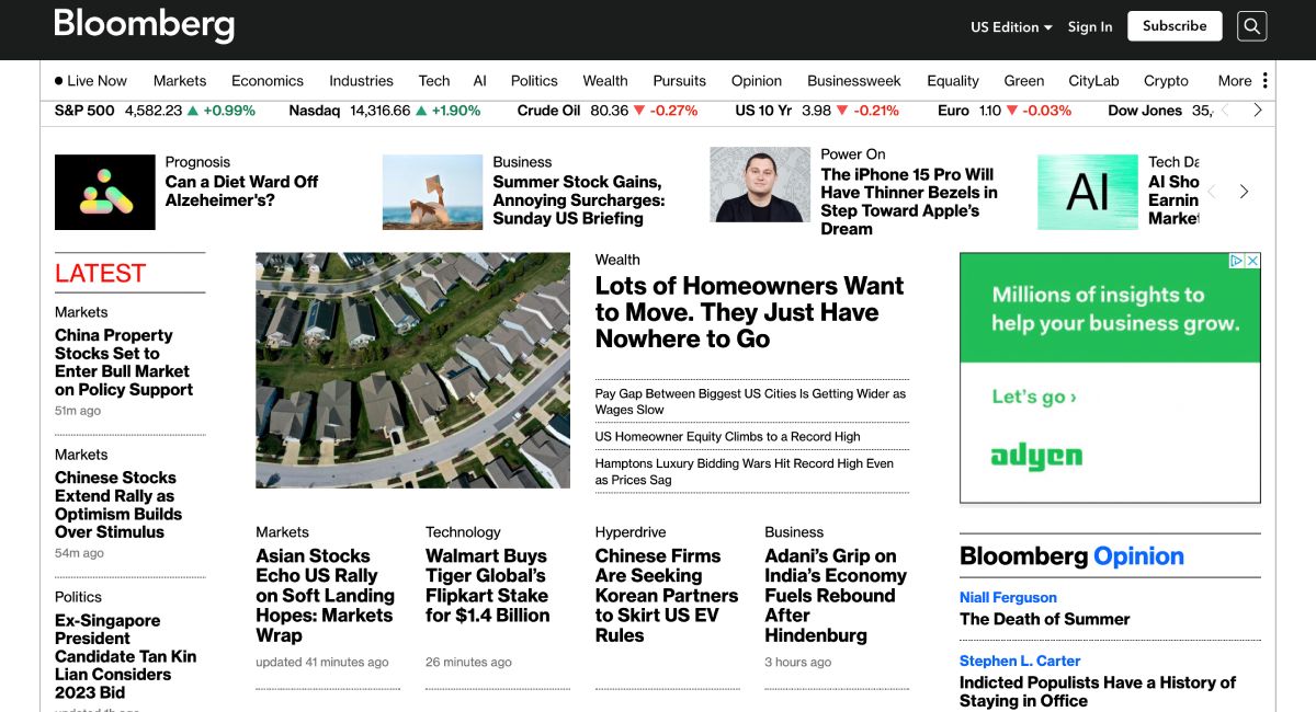 A screenshot of Bloomberg's homepage