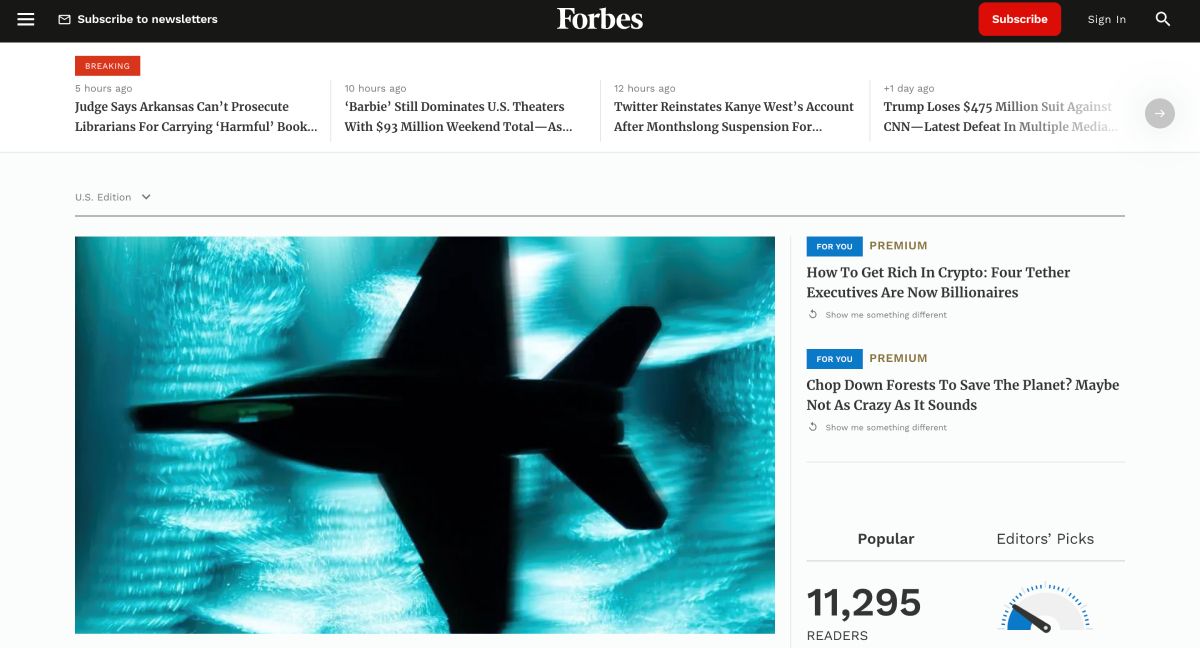 A screenshot of Forbes' homepage