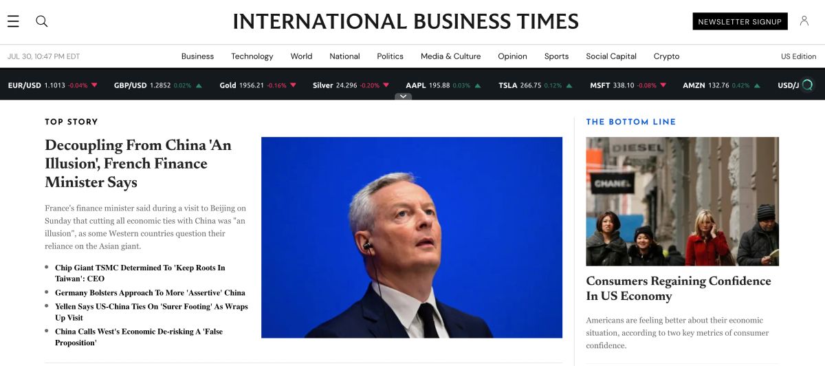 A screenshot of International Business Times' homepage