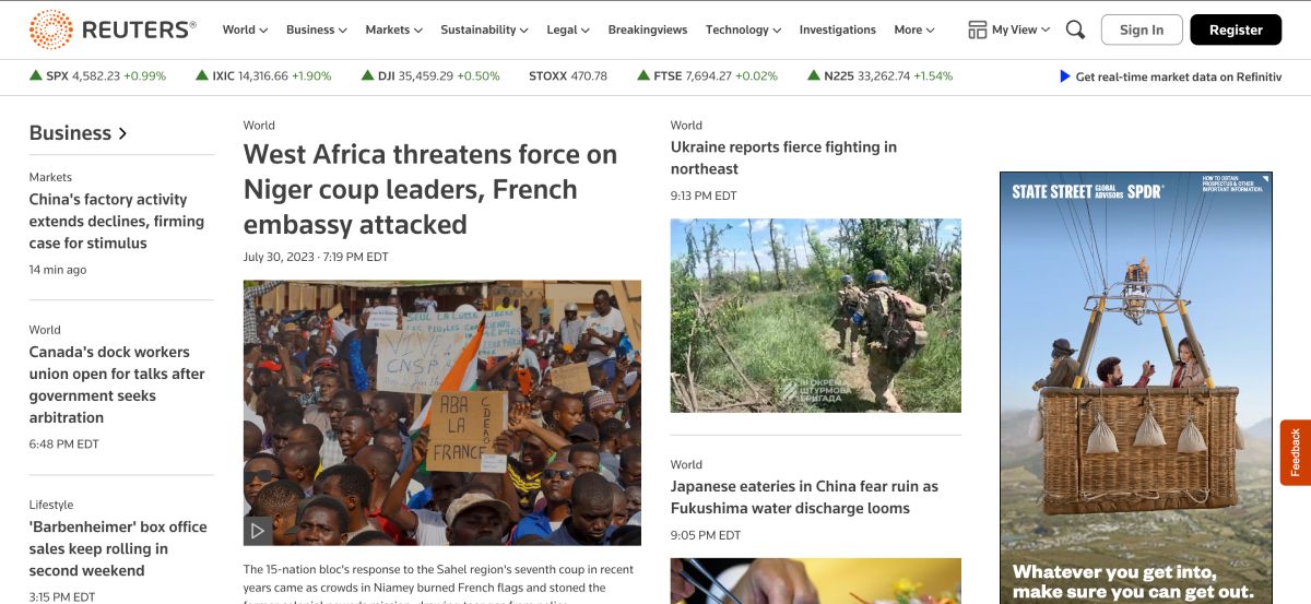 A screenshot of Reuters' homepage