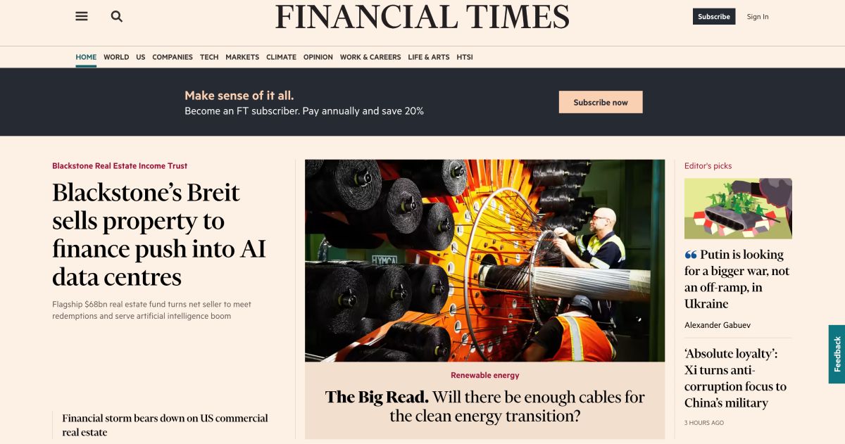 A screenshot of The Financial Times' homepage