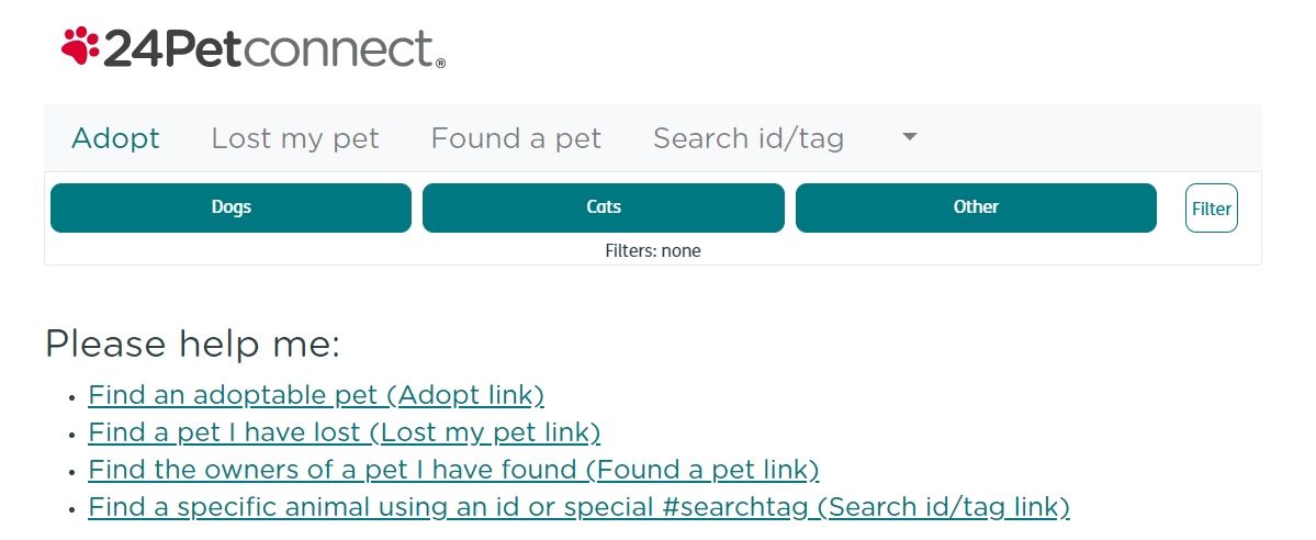 A screenshot of the home page of 24petconnect.com